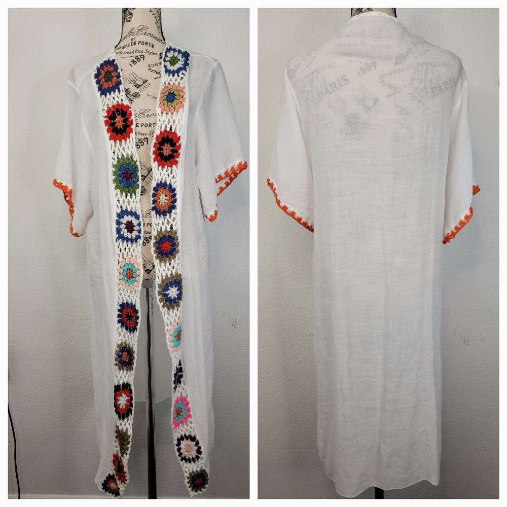 Cupshe Caftan Womens SZ M Boho Sheer Granny Square Crochet Trims Oversized Beach